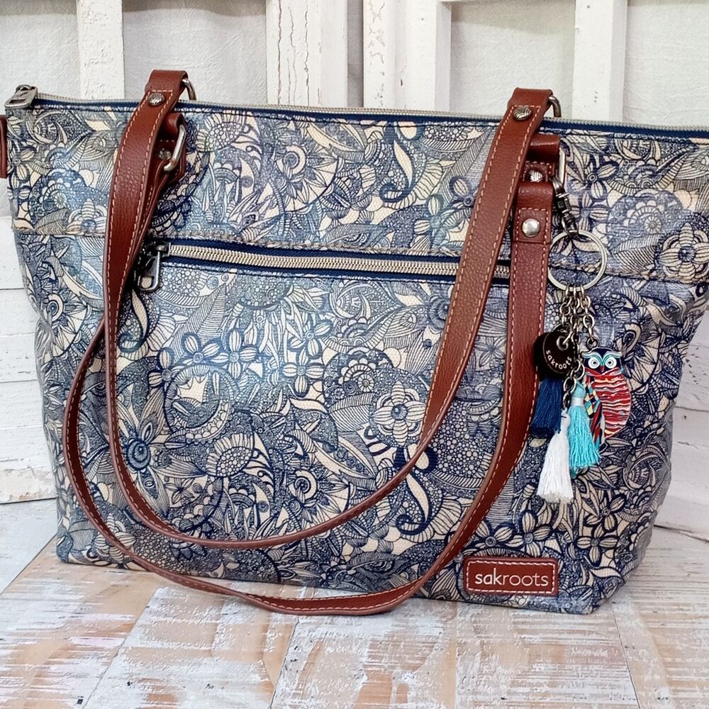 Sakroots Spirit Desert Coated Canvas City Satchel Tote Bag w/Owl Charm Boho Chic